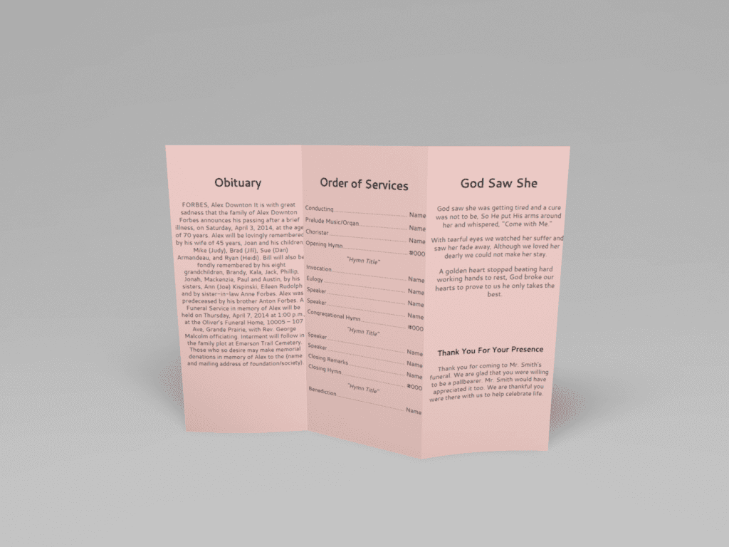 Pink Floral Paper Trifold Funeral Program Template