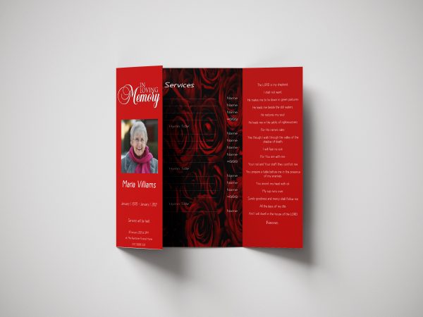 Red Rose Gatefold Funeral Program front left inner right page