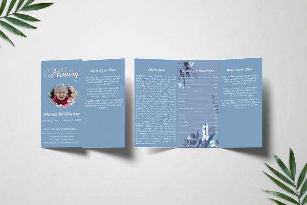 Simply Blue Trifold Funeral Program front left inner right