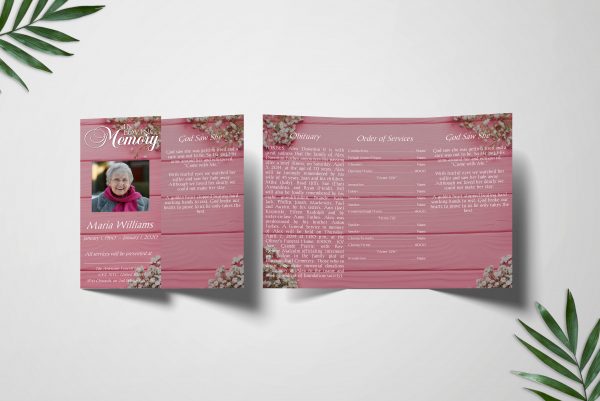 Pink Floral Trifold Funeral Program front left inner right
