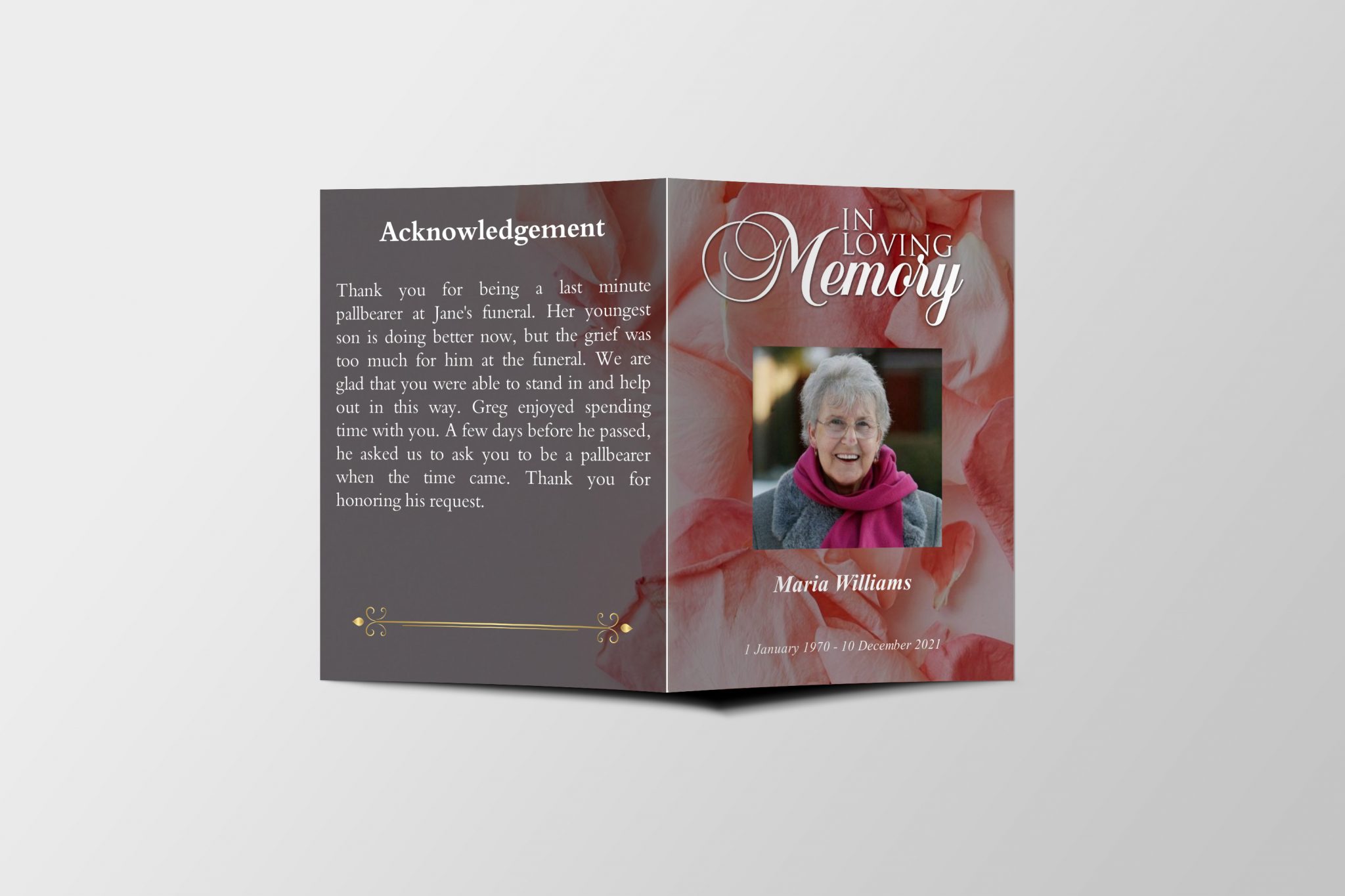 Pink Rose Petals Half Page Funeral Program Template