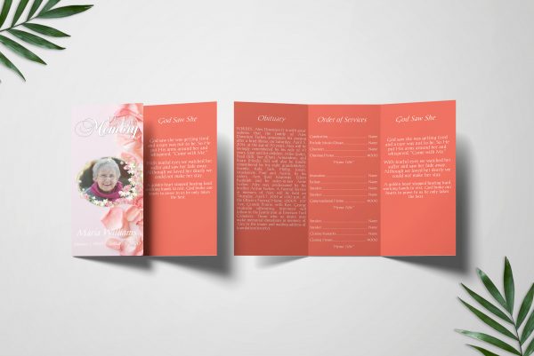 Pink Rose Petals Trifold Funeral Program front left inner right