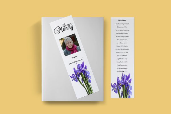 Purple Irises Funeral Bookmark Template up or down page