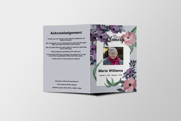Purple Meadows Funeral Program Template front page