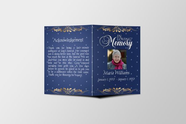 Blue Curtain Half Page Funeral Program Template front page