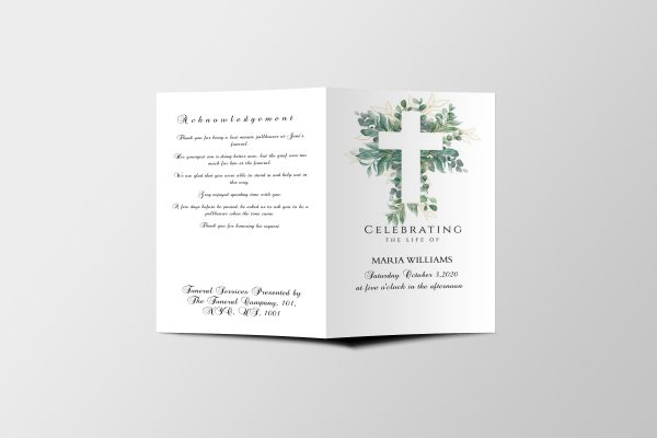 Cross Leaves Funeral Program Template front page
