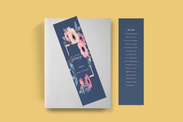 Blue Blossoms Funeral Bookmark Template inner front page