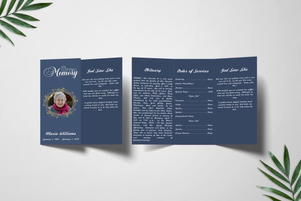 Unique Blue Trifold Funeral Program Template inner page front page