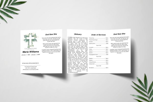 Cross Leaves Trifold Funeral Program Template inner page front page