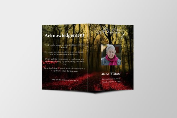 Red Forest Half Page Funeral Program Template front page