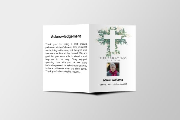 Cross Leaves Half Page Funeral Program Template front page