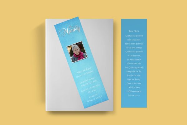 Blue Textured Funeral Bookmark Template front back page