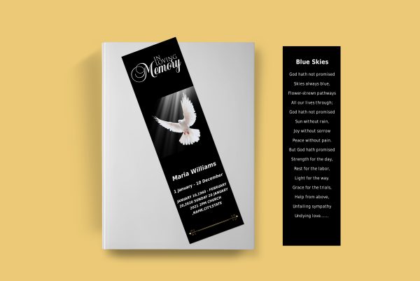 Peaceful Dove Funeral Bookmark Template front back page