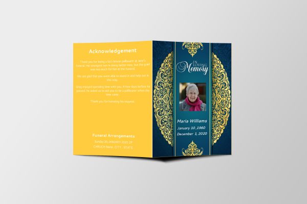 Elegant Gold Blue Half Page Funeral Program Template front page