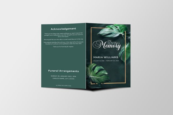 Monstera Leaves Funeral Program Template front page