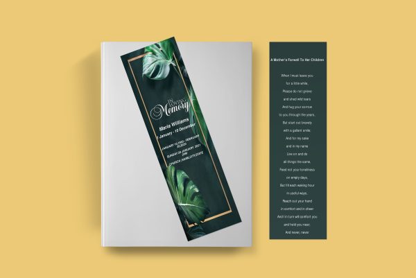 Monstera Leaves Funeral Bookmark Template front back page