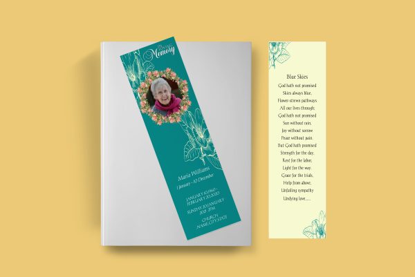 Teal Rose Funeral Bookmark Template front back page