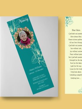 Teal Rose Funeral Bookmark Template