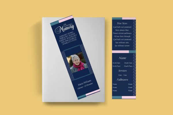 Blue Geometric Funeral Bookmark Template front back page