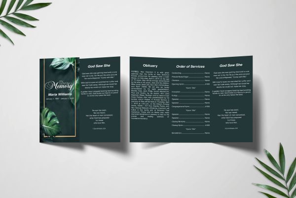 Monstera Leaves Trifold Funeral Program Template inner front page