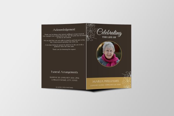 Brown And Yellow Floral Funeral Program Template front page