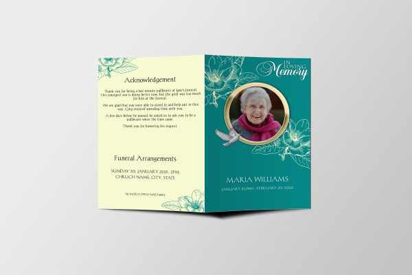 Teal Rose Funeral Program Template front page
