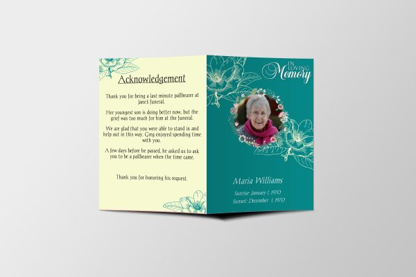 Teal Rose Half Page Funeral Program Template front page