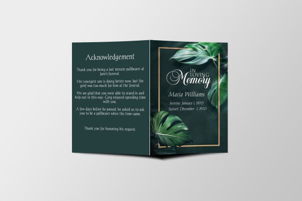 Monstera Leaves Half Page Funeral Program Template front page