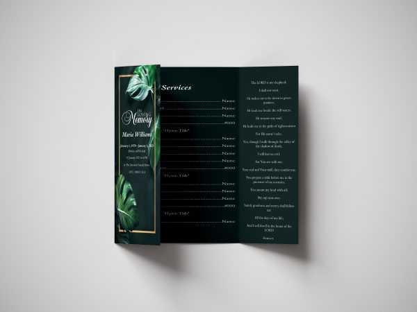 Monstera Leaves Gate Fold Funeral Program Template inner front page