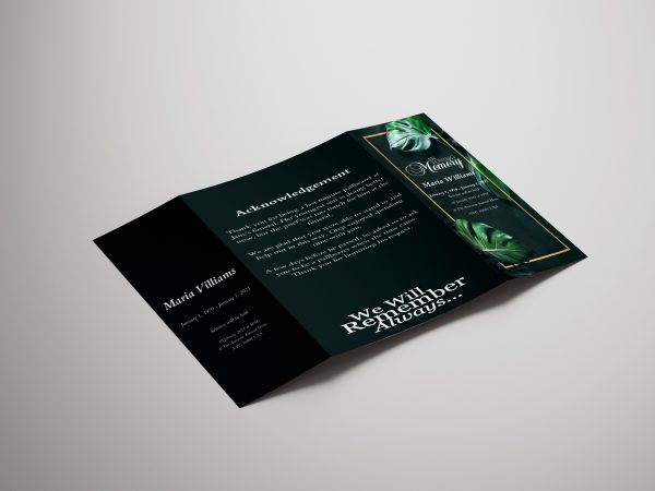 Monstera Leaves Gate Fold Funeral Program Template front page