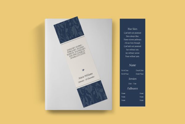 Navy Blue Vine Pattern Illustration Obituary Announcement Funeral Bookmark Template front back page