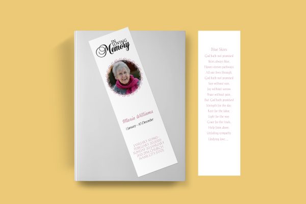 Pink Wreath Obituary Announcement Funeral Bookmark Template front back Page