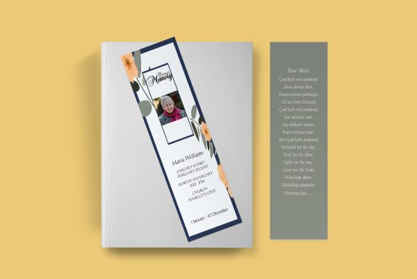 Blue And Beige Florals Funeral Bookmark Template front back Page