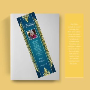 Elegant Gold Blue Funeral Bookmark Template