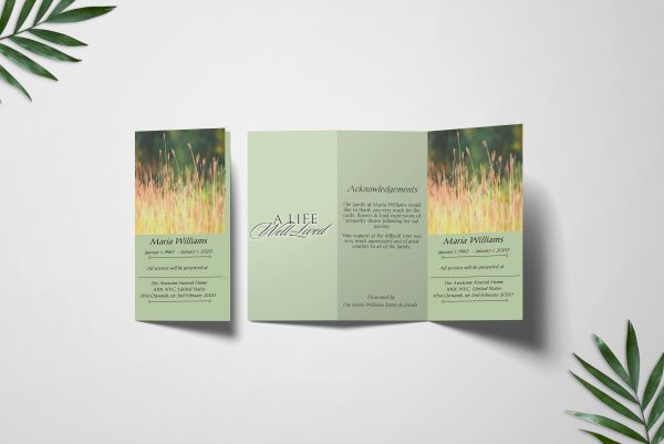 Green With Field Photo Obituary Program Trifold Funeral Program Template front page