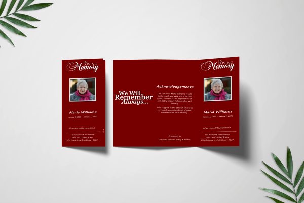 Maroon Solid Color Trifold Funeral Program Template front page