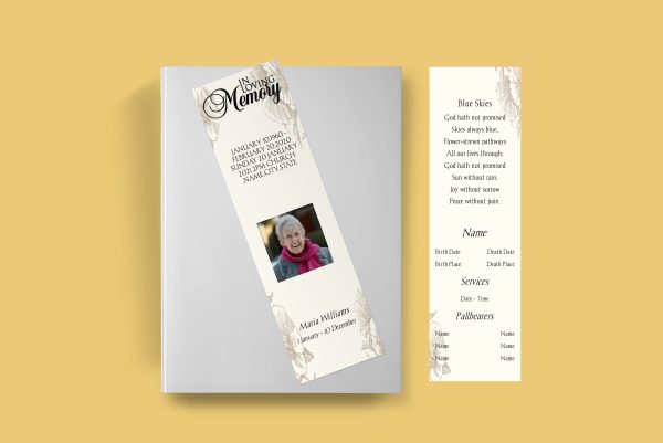Cream Floral Hibiscus Funeral Bookmark Template front back page