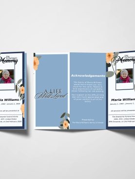 Blue And Beige Florals Trifold Funeral Program Template