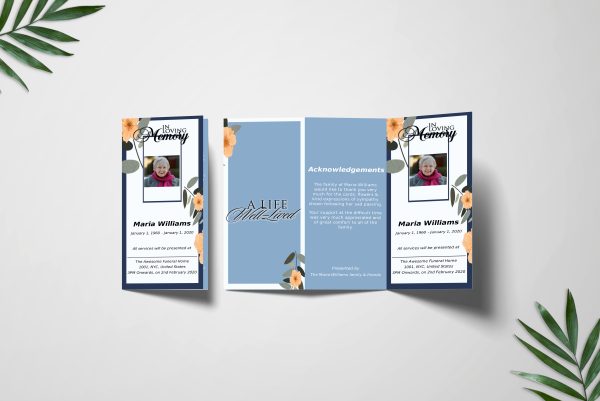 Blue And Beige Florals Trifold Funeral Program Template