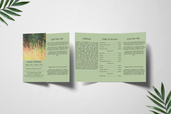 Green With Field Photo Obituary Program Trifold Funeral Program Template front inner page