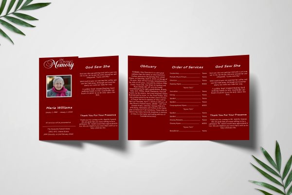 Maroon Solid Color Trifold Funeral Program Template front inner page