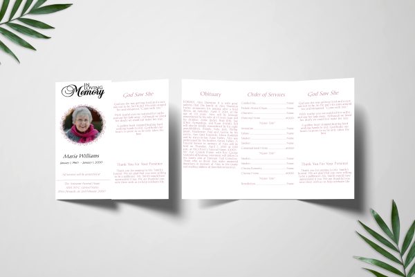 Pink Wreath Obituary Announcement Trifold Funeral Program Template front back page