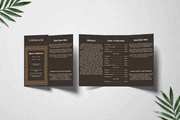 Brown Elegant Trifold Funeral Program Template front back page