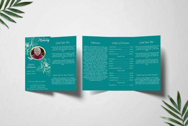 Teal Rose Trifold Funeral Program Template front page back page
