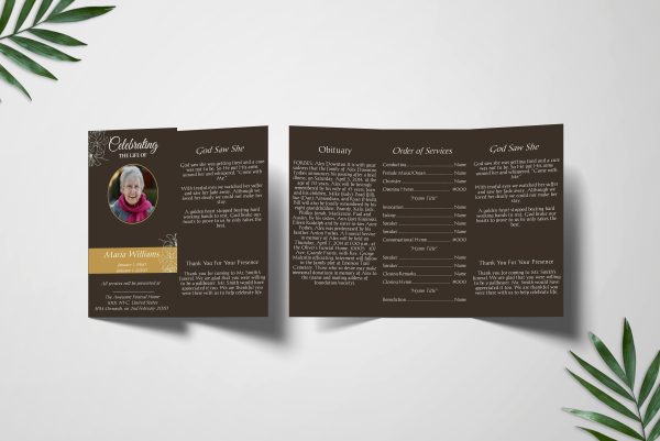 Brown And Yellow Floral Trifold Funeral Program Template front inner page
