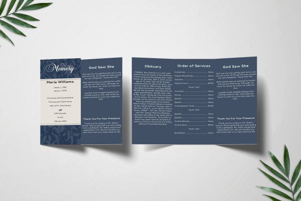 Navy Blue Vine Pattern Illustration Obituary Announcement Trifold Funeral Program Template front back Page