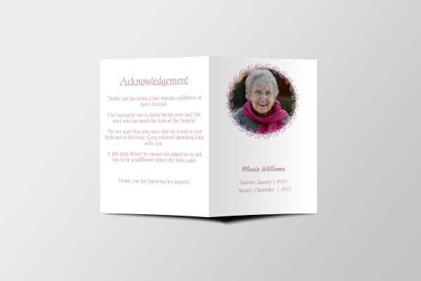 Pink Wreath Obituary Announcement Half Page Funeral Program Template front page