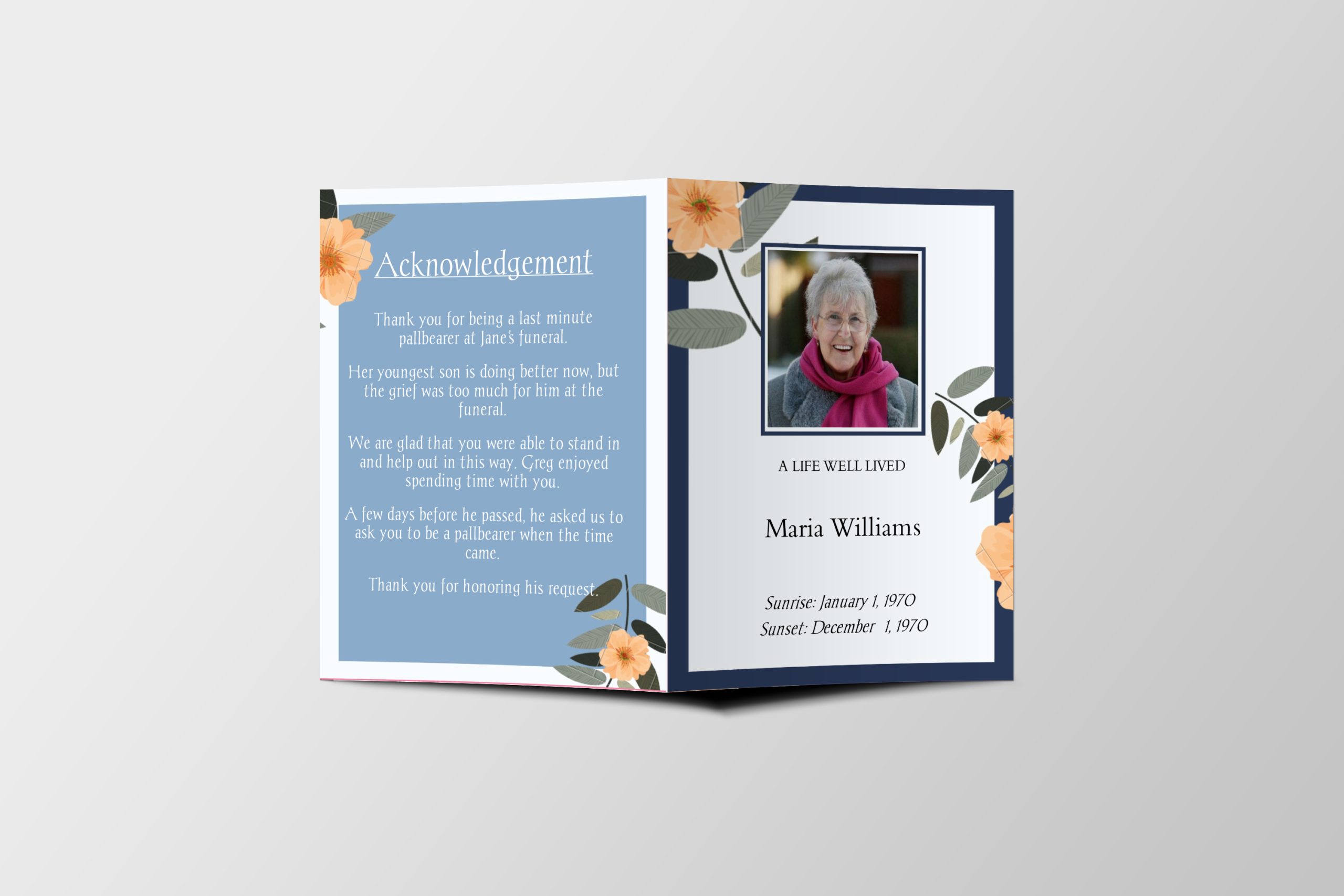Blue And Beige Florals Half Page Funeral Program Template front page