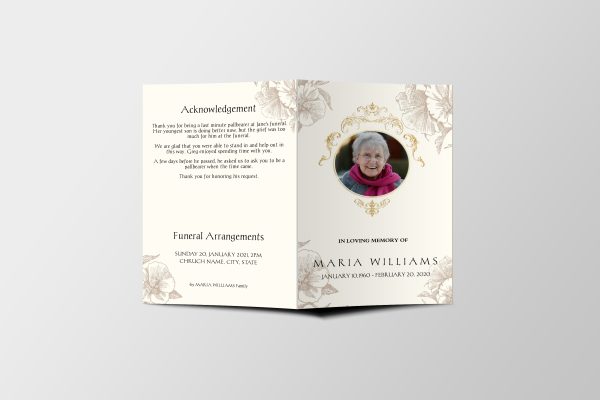 Cream Floral Hibiscus Funeral Program Template front page