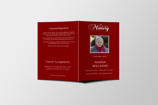 Maroon Solid Color Funeral Program Template front page